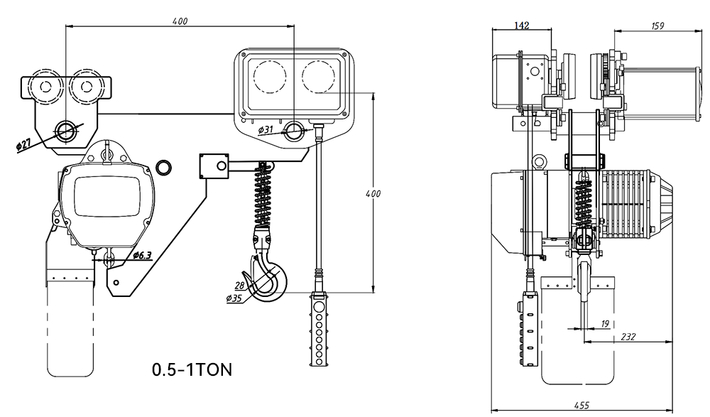 Structural diagram of low headroom electric hoist